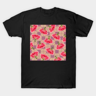 Chinese Vintage Pink and Red Flowers with Dusty Pink Tile - Hong Kong Traditional Floral Pattern T-Shirt